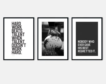 Set of 3 soccer prints with famous inspirational sports quotes in black & white, bold motivational wall art posters for your teen boys room