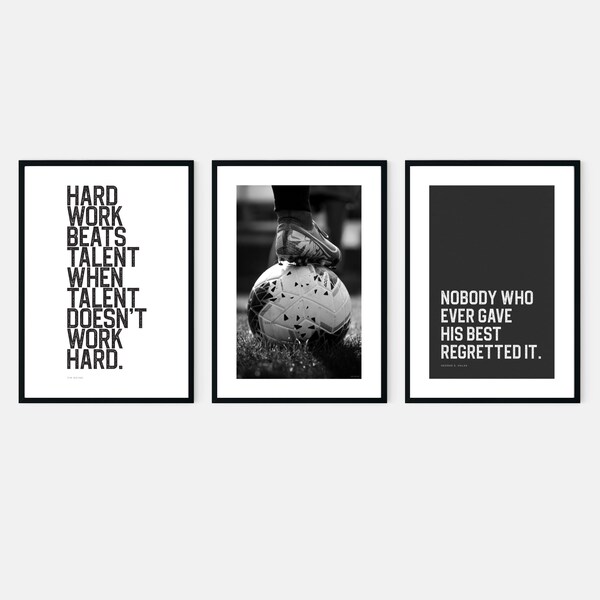 Set of 3 soccer prints with famous inspirational sports quotes in black & white bold motivational wall art posters for your teen boys room