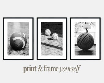 Baseball Basketball NFL Football Print Set of 3 Teen Room Decor Sport Ball Printable Poster Black & White Digital Download Boy Sport Bedroom