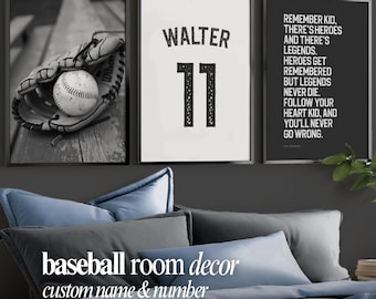 Baseball Room Decor Set of 3, Personalized Baseball Wall Art, Custom Name and Number Poster, Boy Bedroom Decor, Vintage Baseball Prints