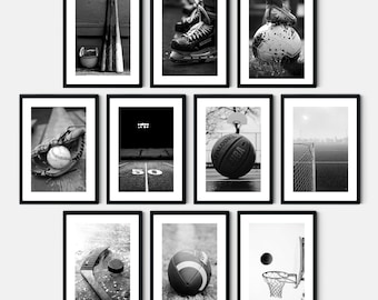 Sports Wall Art Set of 10 Boys Room Decor Black and White Poster Bundle Baseball Basketball Football Soccer Hockey Digital Download