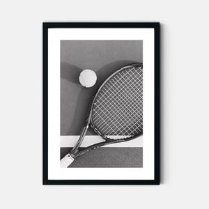 Tennis Racket And Ball Photograph Wall Art Print Sports Printable Poster In Black & White Digital Download For Teen Boys Dorm Room Decor