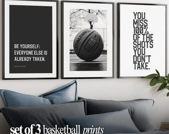 Basketball Sports Room Wall Art Set of 3 Black and White Prints for Teen Boys Modern Framed Basketball Decor for Game Room or Gym