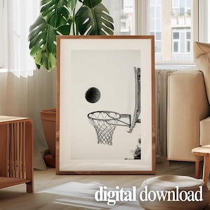 Printable basketball hoop wall art black and white photo sport poster for boys room or game room decoration