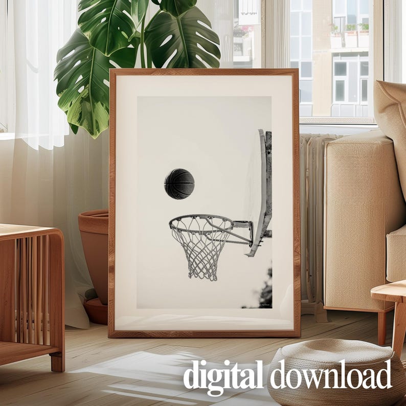 Printable basketball hoop wall art black and white photo sport poster for boys room or game room decoration