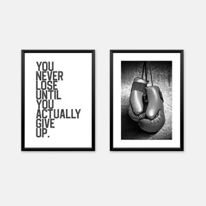 Boxing gloves photo with inspirational quote from boxer Mike Tyson in black & white for teen boy room decor digital download only