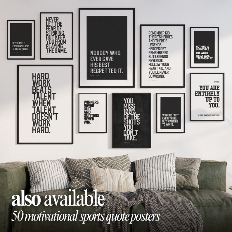 Black white sports motivation poster printable quote wall art for teen athlete dorm room sport fan decor modern inspirational print