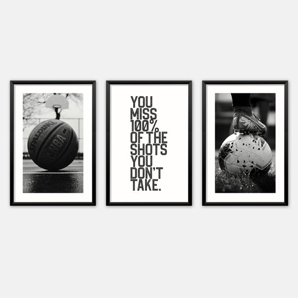 Sports print set of 3 for boys Soccer + basketball printable posters with inspirational quote Teen room decor art prints in black + white