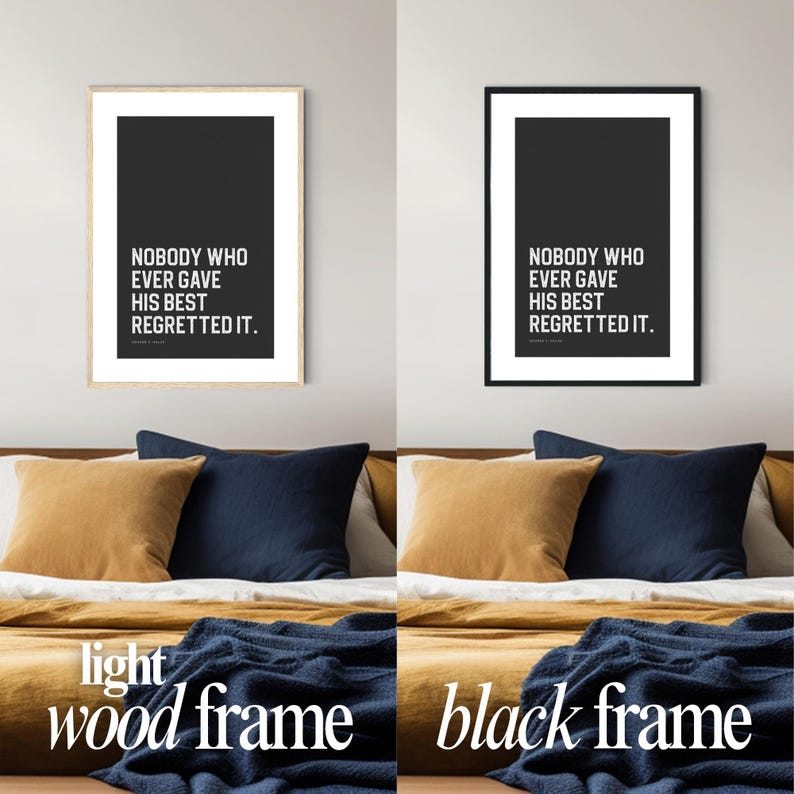 Black frame vs wood frame poster comparison for motivational sports print for teen bedroom decor.
