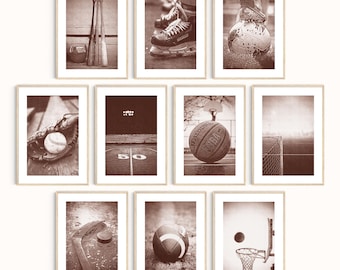 Vintage Sports Wall Art Set of 10 Retro Sepia Sport Posters Boys Bedroom Decor Gallery Wall Digital Download Printable