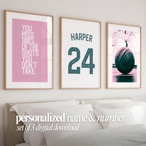 Regalo personalizado de baloncesto para adolescente: juego de 3 pósteres rosas con nombre y número personalizados para la habitación de chicas.