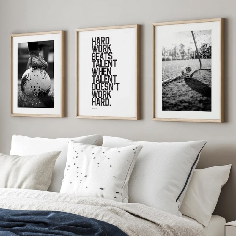 Teen boy soccer room decor motivational sports prints black and white wall art set inspiring athletic mindset posters for kids rooms