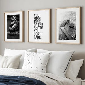 ice hockey printable posters displayed in neutral bedroom decor