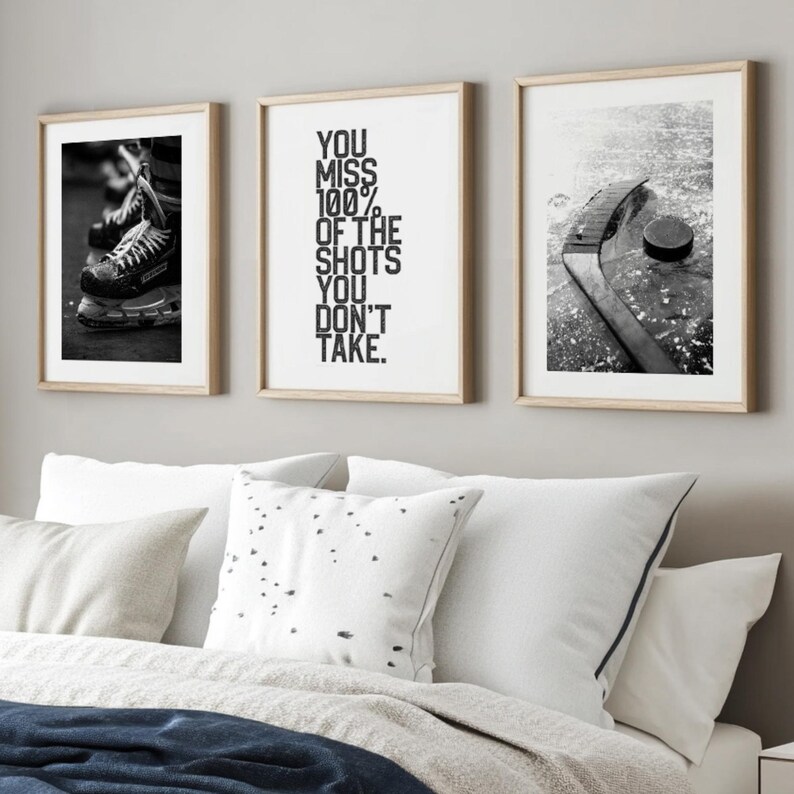ice hockey printable posters displayed in neutral bedroom decor