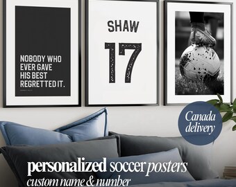 Personalized Soccer Poster Custom Name and Number Print Soccer Gift for Boy Teen Room Decor Sports Wall Art