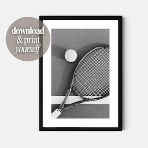 Tennis Racket And Ball Photograph Wall Art Print Sports Printable Poster In Black & White Digital Download For Teen Boys Dorm Room Decor