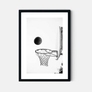 Black and white basketball hoop photograph for teen bedroom or dorm wall art