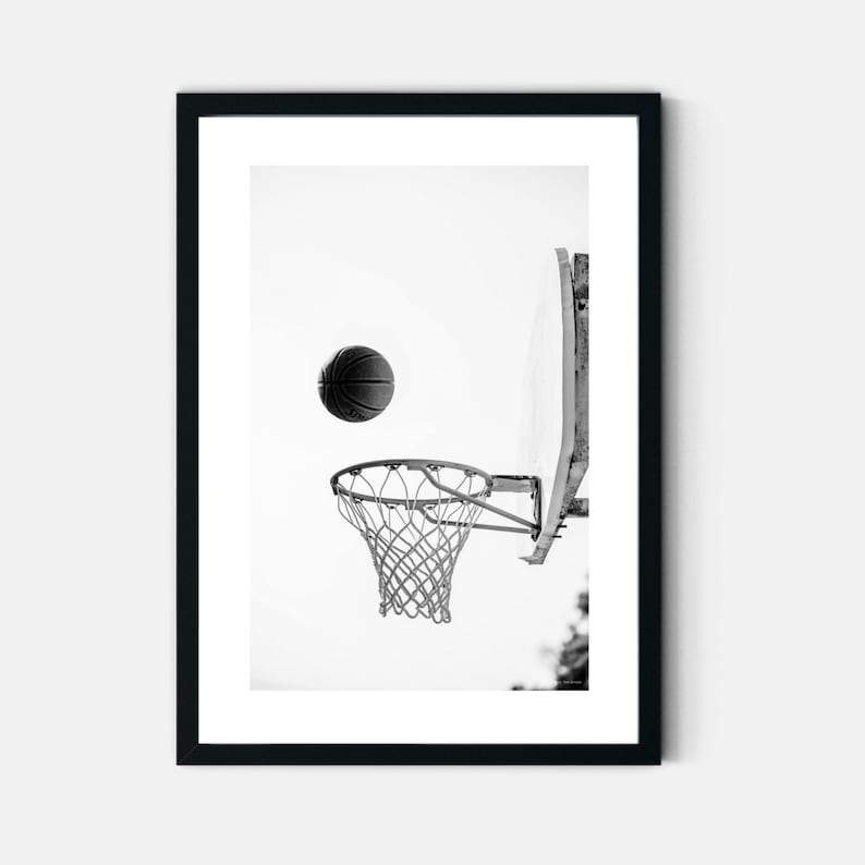 Black and white basketball hoop photograph for teen bedroom or dorm wall art