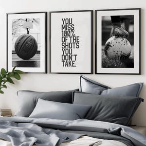 Sports Print Set of 3 for Boys Soccer Basketball Printable Posters with Inspirational Quote Teen Room Decor Art Prints in Black White