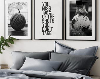 Sports Print Set of 3 for Boys Soccer Basketball Printable Posters with Inspirational Quote Teen Room Decor Art Prints in Black White