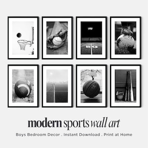 May include: A set of eight black and white framed prints featuring various sports themes including a basketball hoop, baseball glove, football field, soccer ball, football, soccer goal, basketball, and baseball bats with the text modern sports wall art.