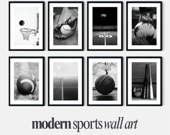 Conjunto de Arte de Parede Moderna com Tema Esportivo, Estilo Minimalista em Preto e Branco, Ideal para Quarto de Meninos (Download Digital)