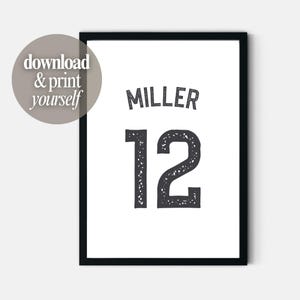 Custom name poster wall art print in black and white for kids bedroom decor.