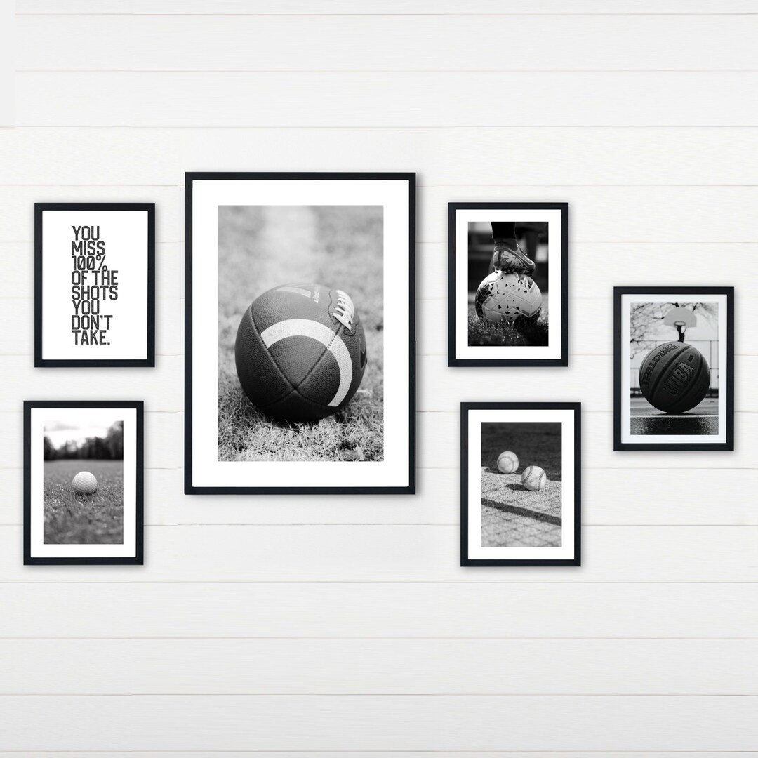 Sport Balls Wall Art With Inspirational Quotes for Teen Bedroom Decor in Black White Printable