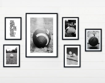 Sport balls wall art with inspirational quotes for teen bedroom decor in black + white, printable poster files for digital download