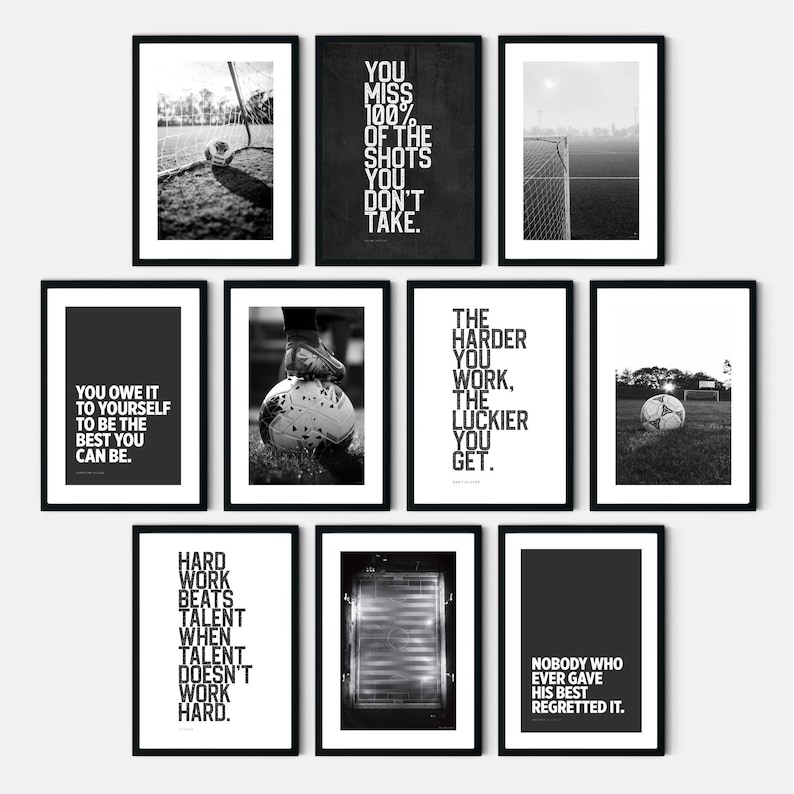 Black and white soccer wall art inspiring sports quote posters motivational prints for teen boys bedroom decor athlete room artwork
