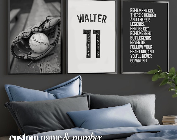 Vintage Baseball Decor Above Bed Sport Boy Name Sign Poster Motivation Baseball Personalized Name and Number Wall Art Gift for Boy Room