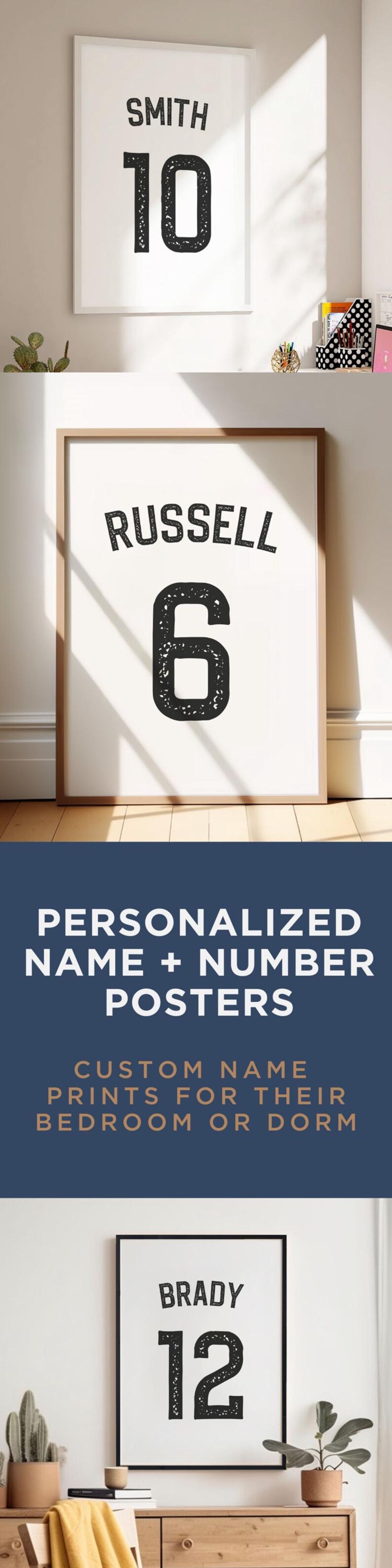 Pu&ograve; includere: Tre poster incorniciati con testo nero su sfondo bianco. I poster presentano un nome e un numero, come "SMITH 10", "RUSSELL 6" e "BRADY 12". I poster sono un'idea regalo personalizzata per una camera da letto o un dormitorio.