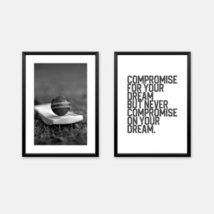 Cricket poster set of 2 for boys cricket bat + ball photograph in black & white with inspirational quote from famous cricketer Imran Khan