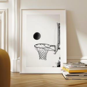 Black and white basketball hoop photograph, minimalist basketball wall art for teen bedroom or dorm room, sporty digital poster print for modern decor