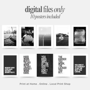 Soccer quote poster set bold motivational wall prints black and white sports photography art for teen boy room or game area decor