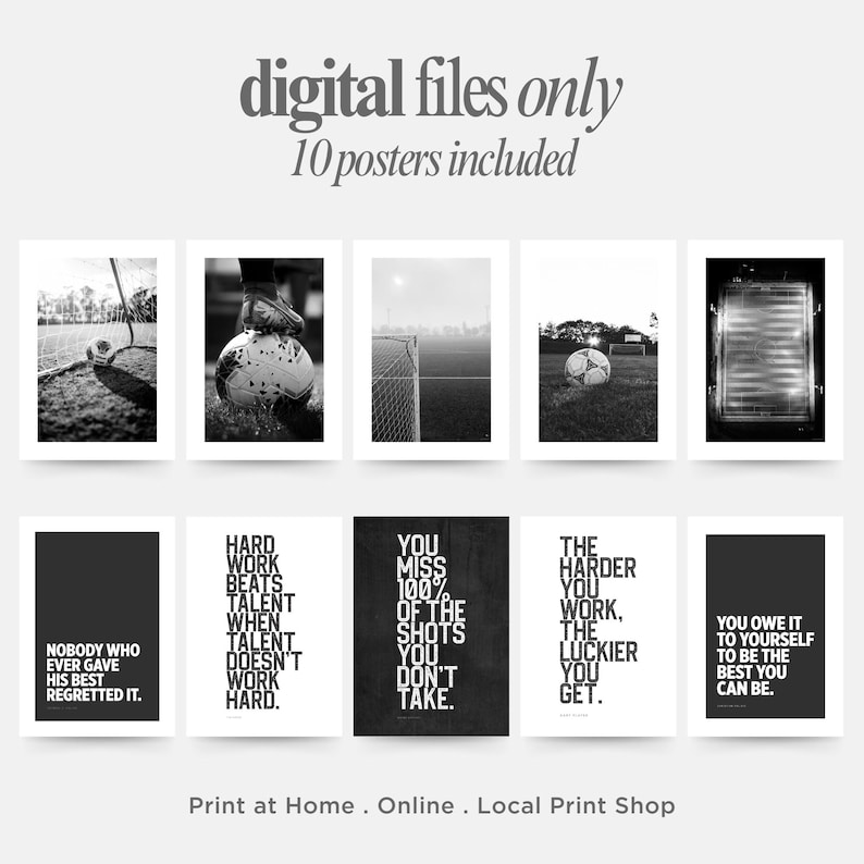 Soccer quote poster set bold motivational wall prints black and white sports photography art for teen boy room or game area decor