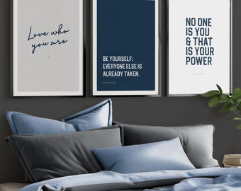 Conjunto de 3 pôsteres motivacionais para decoração de parede em azul marinho, com arte inspiradora para dormitórios adolescentes, ideal para imprimir e transmitir positividade. Perfeito para quartos de meninos.