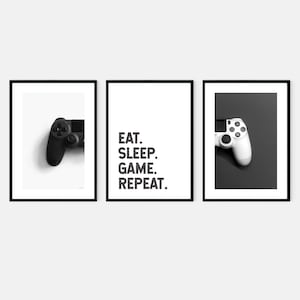 Gamer themed wall art prints for teen boy room in black & white gaming controller photographs with eat sleep game repeat word printable