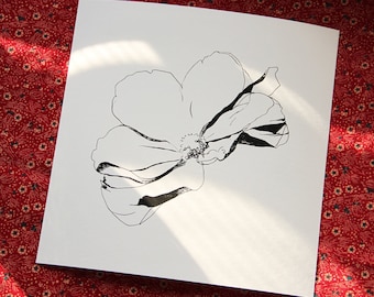 Black and white print 20 × 20 cm, digitization of a pen drawing of a cosmos flower, limited edition - White Cosmos