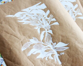 Hand-printed linocut on reused crumpled brown kraft paper, 44 × 35 cm, limited edition - Olive leaves and fruits