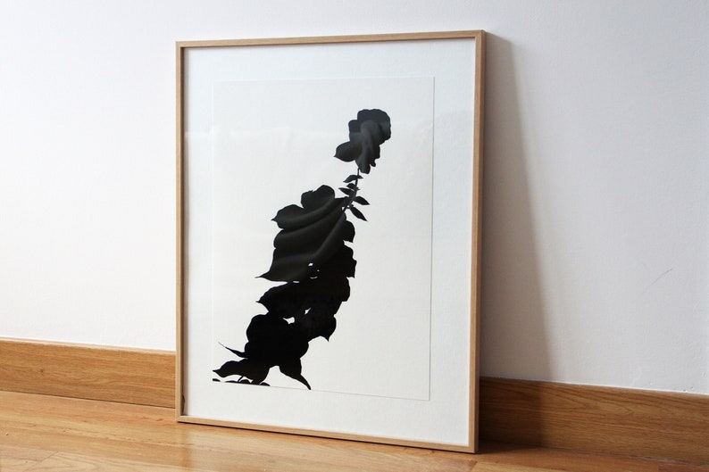 May include: A framed art print featuring a black floral silhouette against a white background. The artwork is enclosed in a light brown wooden frame, creating a minimalist and modern aesthetic. The print is displayed on a wooden floor.