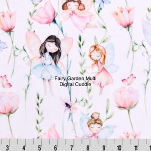 May include: A white background with a repeating pattern of pink flowers, butterflies, and fairies with wings. The text "Fairy Garden Multi Digital Cuddle" is in the center of the image.