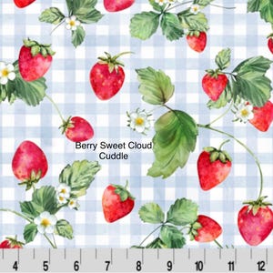 May include: Fabric with a repeating pattern of red strawberries, green leaves, and white flowers on a light blue and white gingham background. The text "Berry Sweet Cloud Cuddle" is visible.