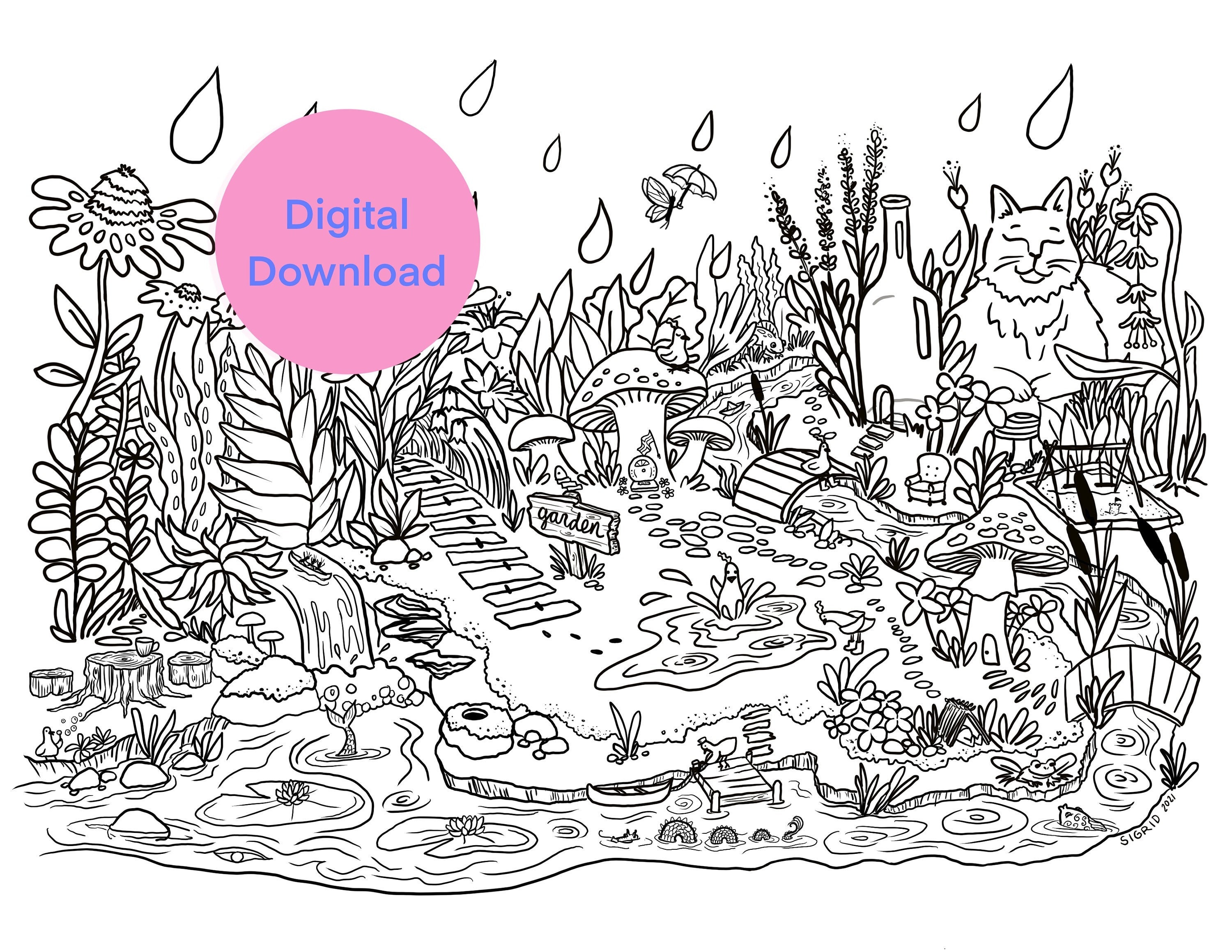 Whimsy Garden in the Rain Printable Coloring Page Instant Digital ...