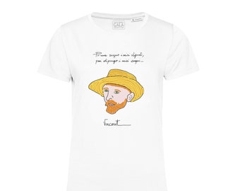 t-shirt Vincent van Gogh, bianca, illustrazione van Gogh, uomo, donna, bambino, cotone organico, frase motivazionale