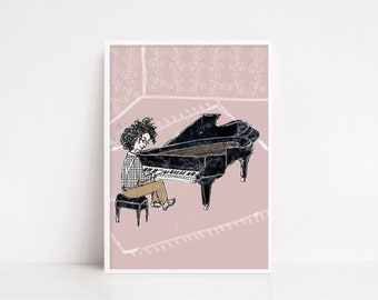 Pianist, Grand piano, Piano, collage, jazz musician, Art print Giclée, wall art, illustration