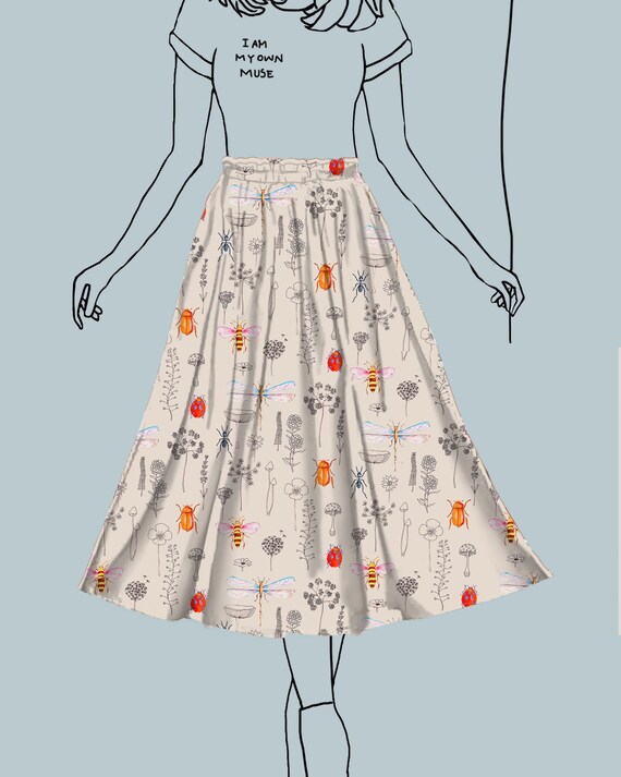 Gonna Mezza Ruota Tasche Cotone Tessuto Stampato Disegno
