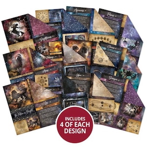 May include: A collection of celestial-themed scrapbook paper featuring zodiac signs, constellations, and cosmic imagery. The designs include illustrations of Sagittarius, Aries, and Pisces, with text that reads "The Future is Bright" and "Includes 4 of Each Design."