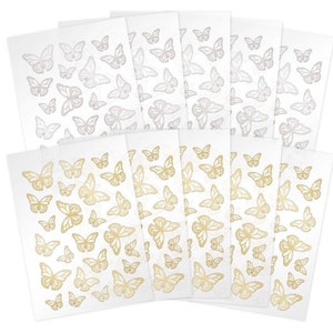 May include: A set of ten sheets of gold and silver butterfly stickers. Each sheet has a repeating pattern of butterflies in a variety of sizes and orientations.