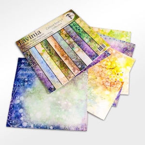 May include: A pack of 10 unique, double-sided, 8x8 inch, 150gsm premium papers with watercolor designs in shades of blue, green, yellow, orange, and purple. The papers are part of the Lavinia Colourburst Dream-Scape Papers collection.